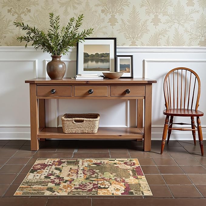 GENIMO Area Rug 2x3 Doormat, Machine Washable Low Pile Rugs, Small Floral Patchwork Retro Chenille Entryway Mat for Entrance, Hallway, Kitchen and Corridor, Auburn Cinnamon