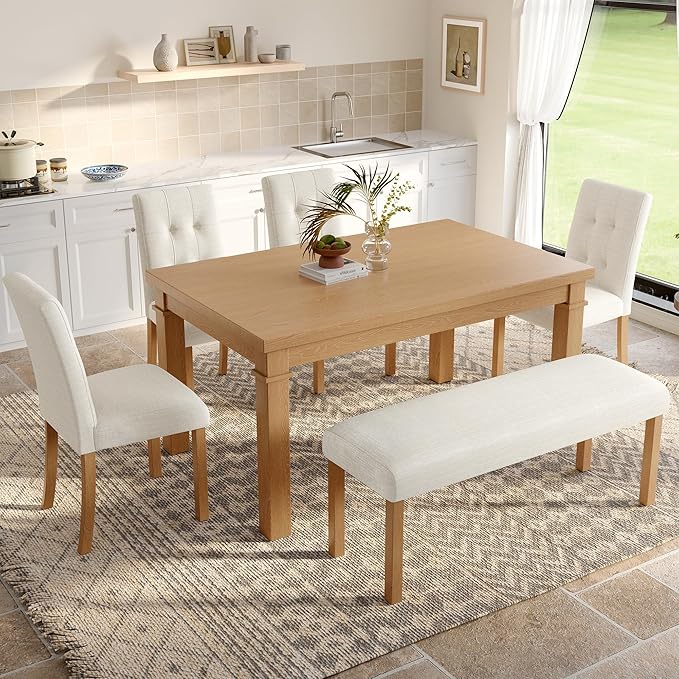 Ball & Cast Dining Table Set for 6 W/Bench & 4 Upholstered Chairs,6 Piece Dining Set W/ 60" Rectangle Kitchen Table & Anti-Scratch Pads,Table and Chairs Set for Living Room,Dining Room,Natural
