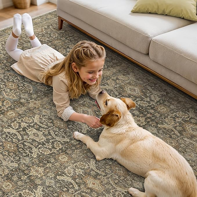 8X10 Area Rugs Machine Washable Rugs for Living Room, Vintage Boho Large Rugs for Bedroom Dining Room, Non Slip Indoor Soft Distressed Lightweight Thin Low Pile Carpet, Brown