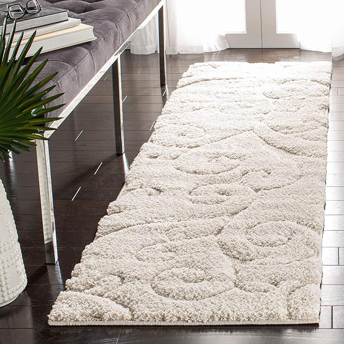 SAFAVIEH Florida Shag Collection Runner Rug - 2'3" x 9', Creme & Creme, Scroll Design, Non-Shedding & Easy Care, 1.2-inch Thick Ideal for High Traffic Areas in Living Room, Bedroom (SG455-1111)