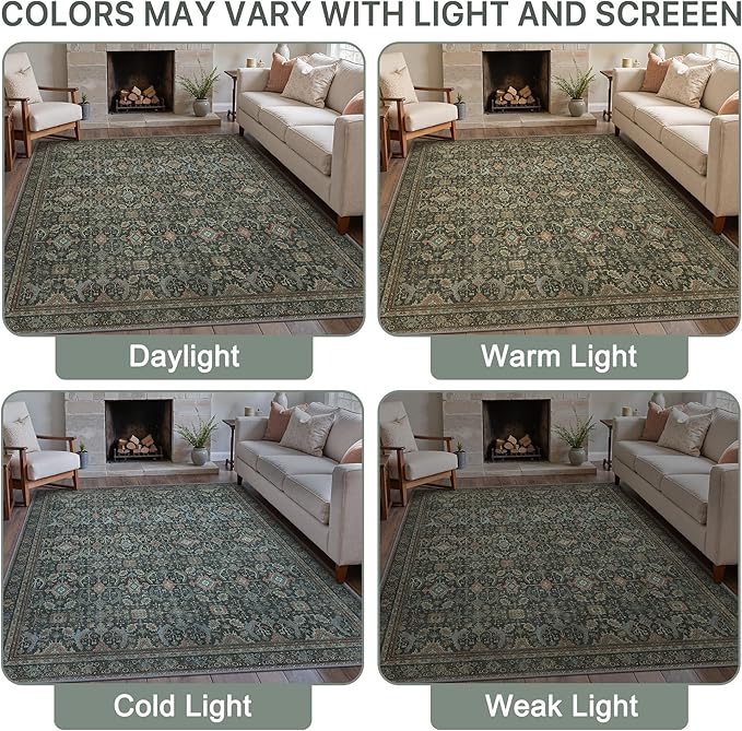 9X12 Area Rugs Machine Washable Rugs for Living Room, Vintage Boho Large Rugs for Bedroom Dining Room, Non Slip Indoor Soft Distressed Lightweight Thin Low Pile Carpet, Black