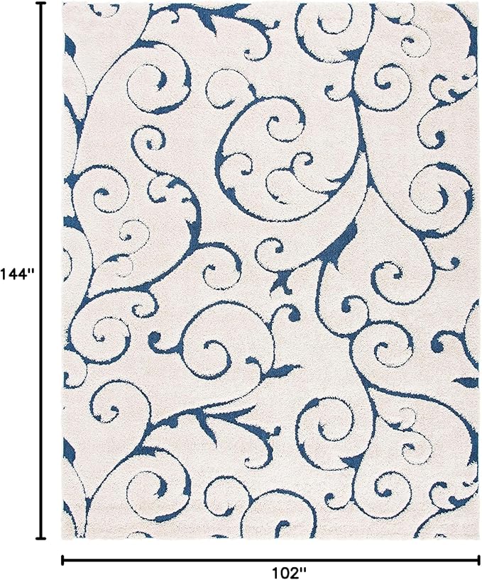 SAFAVIEH Florida Shag Collection Area Rug - 8'6" x 12', Cream & Blue, Scroll Design, Non-Shedding & Easy Care, 1.2-inch Thick Ideal for High Traffic Areas in Living Room, Bedroom (SG455-1165)