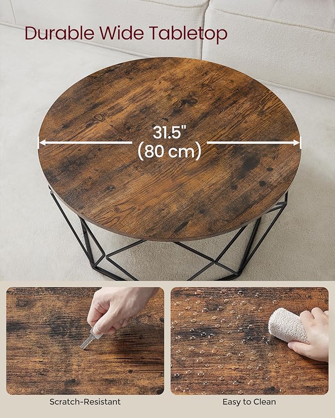 VASAGLE Round Coffee Table for Living Room, Cage Cocktail Table with Steel Frame, 31.5 Inches Dia., Industrial Style, Rustic Brown and Black ULCT040B01