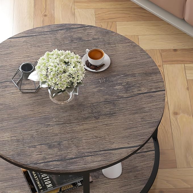 Round Coffee Table, Rustic Wooden Surface Top & Sturdy Metal Legs Industrial Sofa Table for Living Room Modern Design Home Furniture with Storage Open Shelf (Walnut, 27.6 in)