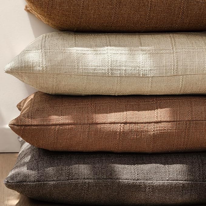 Foindtower Set of 2 Decorative Linen Check Throw Pillow Covers Neutral Farmhouse Vintage Cushion Covers Modern Boho Home Decor for Sofa Chair Couch Bedroom Living Room Outdoor,26×26 Inch,Dark Brown