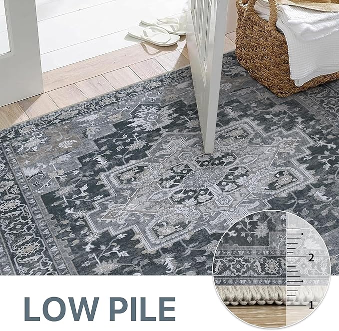 GENIMO 5x7 Area Rugs for Living Room, Machine Washable Non Slip Vintage Rugs, Low Pile Lightweight Chenille Print Rug for Bedroom, Dining Room, Home Office,Dark Gray
