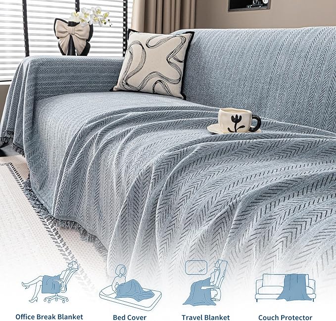 Nobildonna Sofa Cover Washable Soft Thicken Chenille Couch Cover with Tassel,Waterproof Sofa Slipcovers for 2 Cushion Couch,Loveseat,Futon Couch Furniture Protector Pet-Friendly,Dusty Blue 71"x102"