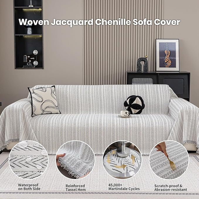 Nobildonna Sofa Cover Washable Soft Thicken Chenille Couch Cover with Tassel,Waterproof Sofa Slipcover for 3-4 Cushion Couch,Sectional Sofa,L-Shaped Furniture Protector Pet-Friendly,Beige 91"x134"