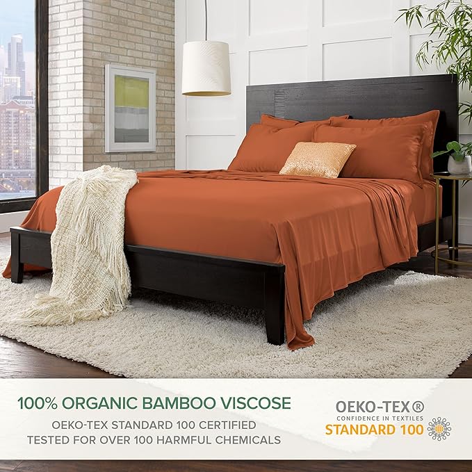 Split King Sheets by Pure Bamboo, Genuine 100% Organic Viscose Derived from Bamboo Bed Sheet Set, Soft & Cooling, Double Stitching *Not for Split Top (Split King, Terracotta)