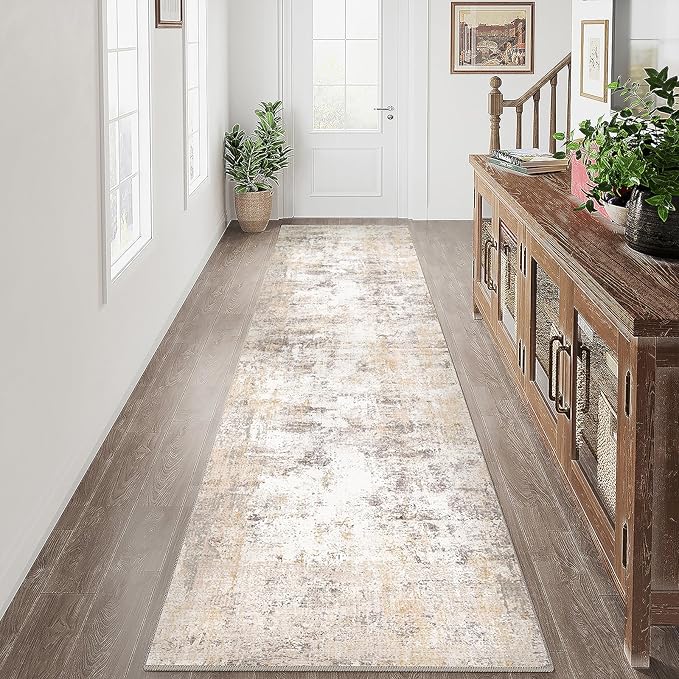 2x7 Washable Runner Rug Beige Grey Neutral Abstract Hallway Kitchen Living Room Bedroom Non Slip Throw Rug Soft Low Pile Indoor Carpet for Entrance Laundry Bathroom