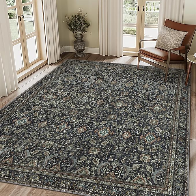 6X9 Area Rugs Machine Washable Rugs for Living Room, Vintage Boho Large Rugs for Bedroom Dining Room, Non Slip Indoor Soft Distressed Lightweight Thin Low Pile Carpet, Black