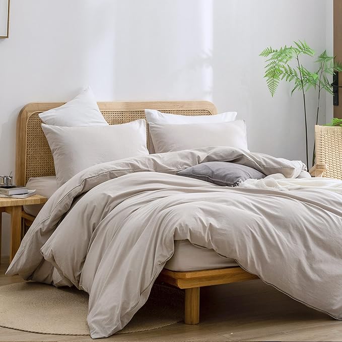 BESTOUCH Duvet Cover Set 100% Washed Cotton Linen Feel Super Soft Comfortable Chic Lightweight 3 PCs Home Bedding Set Solid Linen Grey Super King Plus