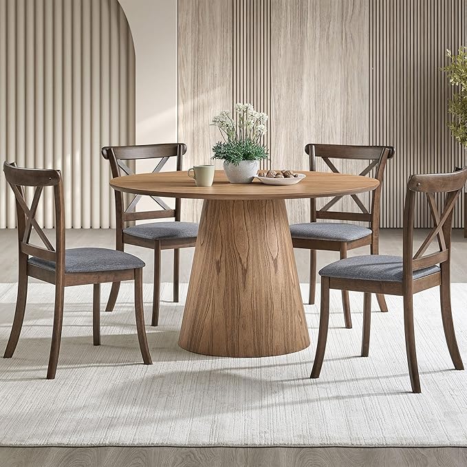 Wooden Kitchen Round Dining Table for 4-6, Round Kitchen Table with Circular Tabletop with Wood Pedestal Base, Rustic Farmhouse Furniture
