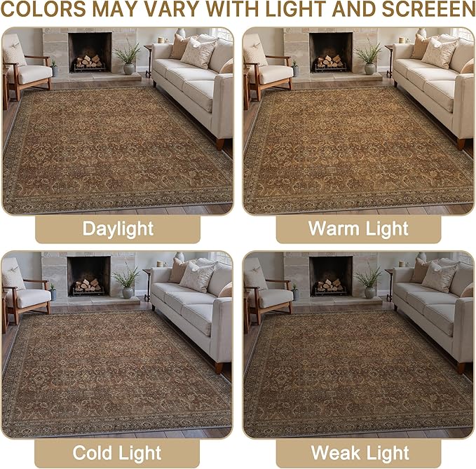 10X12 Area Rugs Machine Washable Rugs for Living Room, Vintage Boho Large Rugs for Bedroom Dining Room, Non Slip Indoor Soft Distressed Lightweight Thin Low Pile Carpet, Rustic Brown
