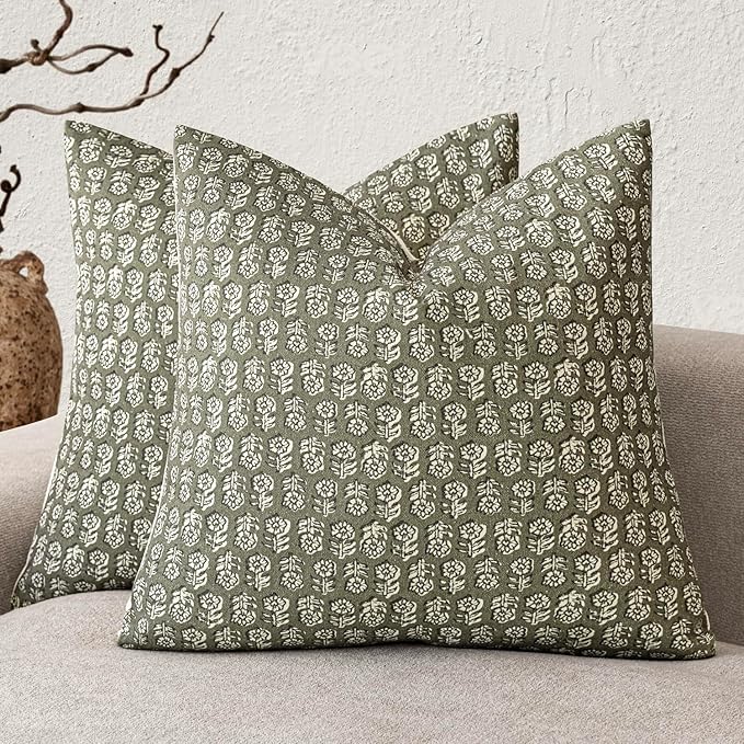 Foindtower Set of 2 Decorative Vintage Floral Print Throw Pillow Covers Neutral Modern Farmhouse Cushion Covers Boho Home Decor for Sofa Couch Chair Bedroom Living Room Outdoor,24×24 Inch,Sage Green