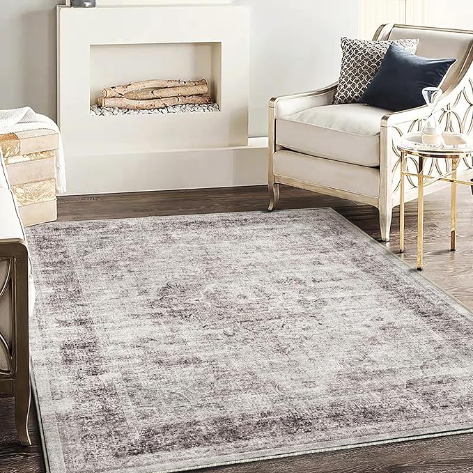 Area Rug 5'x7' Washable Rug Floral red Vintage Traditional Floor Cover Thin Retro Kitchen Indoor Distressed Non Slip Carpet for Living Room Bedroom Dining Room
