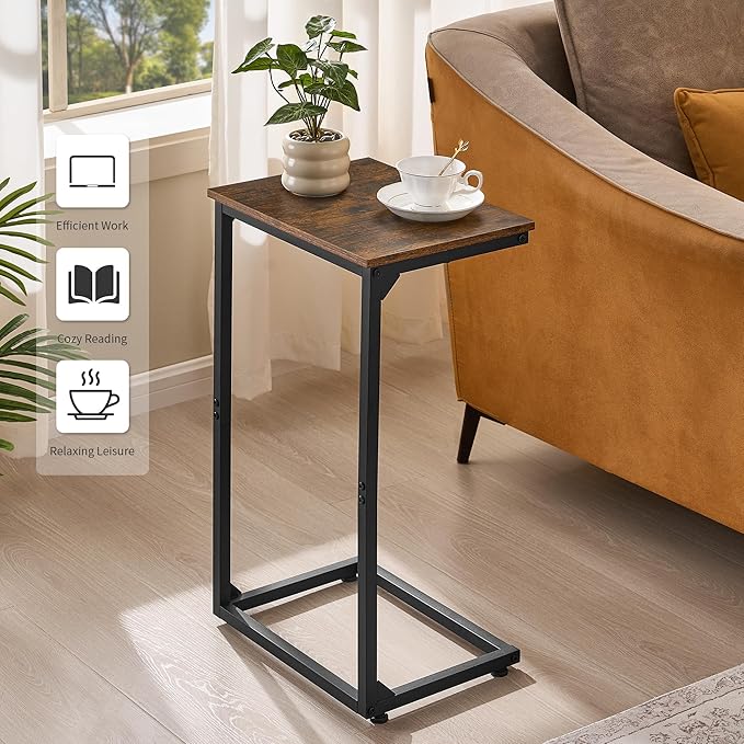 C Shape End Table,Large Surface Couch Table,C Table Sofa Side End Table,Side Table for Couch Slide Under,for Living Room,Bedroom,Home Office, Rustic Design,11.8"D x 15.7"W x 26.4"H(2 Set)