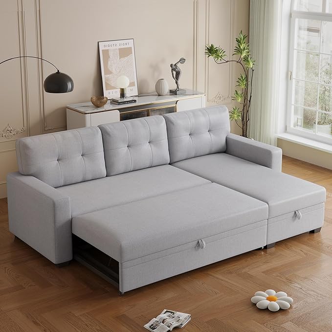 Ball & Cast L-Shape Convertible Sectional Sleeper Sofa Bed 4 in 1 Pull Out Couch with Reversible Storage Chaise & Removable Back Cushions,Sleeper Corner Couch Pull Out Sofa Bed for Living Room,Office