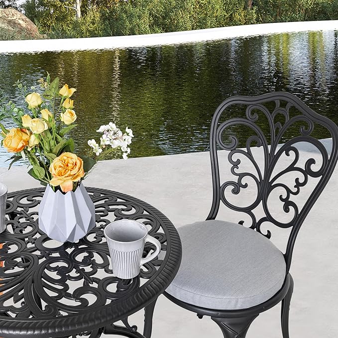 NUU GARDEN Bistro Set 3 Piece Outdoor All Weather Cast Aluminum Patio Bistro Set Patio Table and Chairs Set of 2 with Umbrella Hole and Gray Cushions for Backyard, Balcony, Lawn, Black