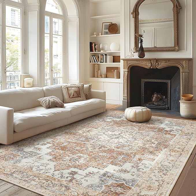 GENIMO 6x9 Area Rugs for Living Room, Non Slip Machine Washable Retro Rugs, Low Pile Chenille Print Rug for Bedroom, Dining Room, Home Office, Orange