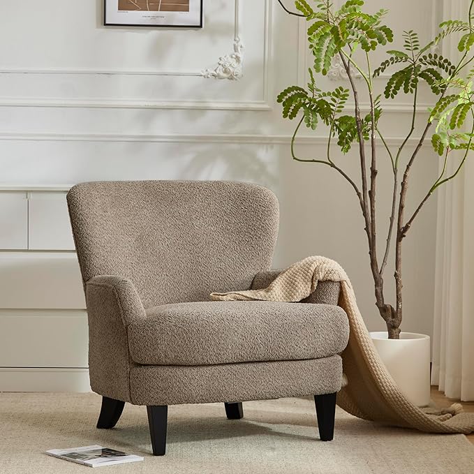 Christopher Knight Home Colby Boucle Upholstered Club Chair, Living Room Accent Chair, Wooden Frame, Flared Armrest, Plush Thick Cushion, Reading Lounge Chair, Space-Saving Furniture, Light Brown