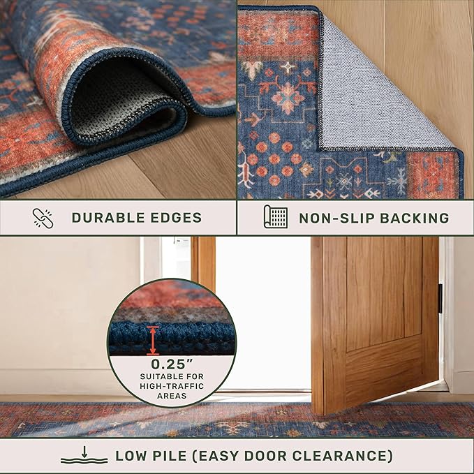 Dark Blue & Terracotta 5x8 Living Room Rug - Machine Washable Area Rugs for Bedroom, Dining Room, Kitchen Floor, Small Office, Low Pile Non-Slip Rubber Backing & Stain Resistance