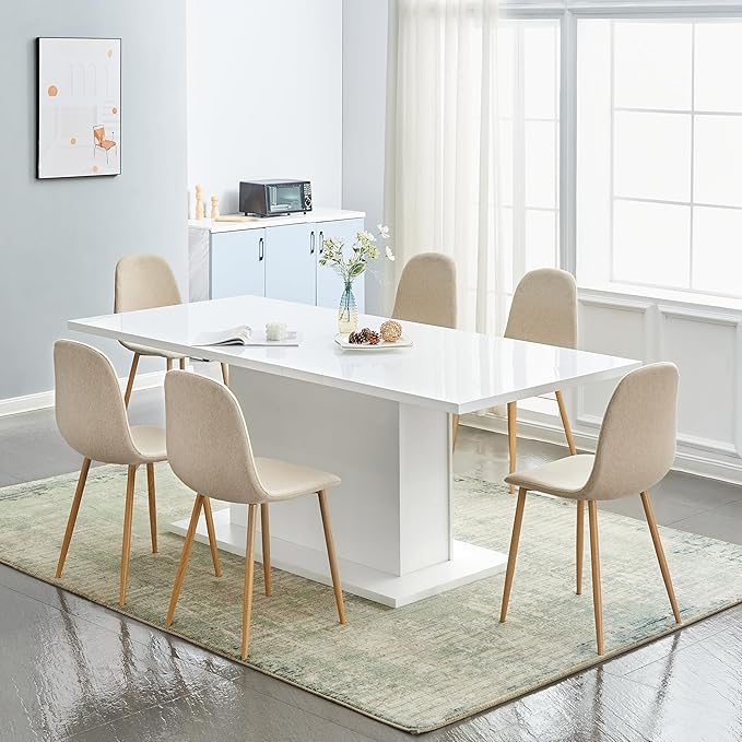 FurnitureR Dining Chairs Set of 4, Upholstered Fabric Armless Dining Room Seating, Side Chair Mid-Back with Metal Legs for Kitchen Living Room Bedroom, Light Beige