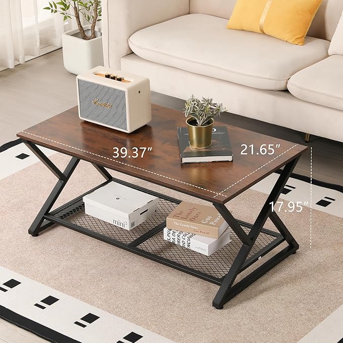 SENIG Coffee Table with Storage Shelf, Industrial Metal Wood Living Room Tables, Rectangle Center Table 39 Inch, Vintage Simple 2 Tier Cocktail Table, Brown