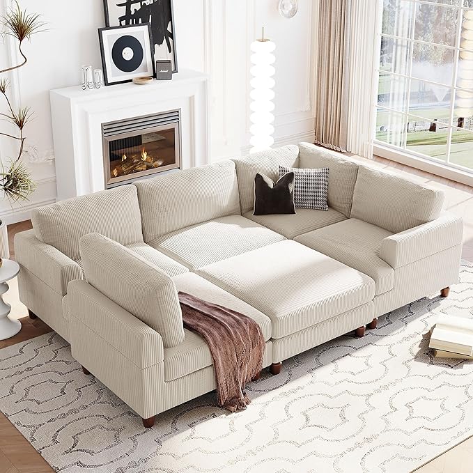 Eafurn Free Combination Symmetrical Modular Sectional Sofa with Movable Ottoman,Corduroy Upholstered Convertible Sleeper Couch,6 Seater Oversized Reversible Corner Sofa&Couch for Living Room Office