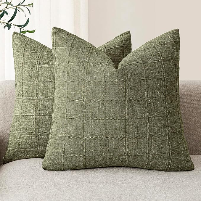 Foindtower Set of 2 Decorative Linen Check Throw Pillow Covers Neutral Farmhouse Vintage Cushion Covers Modern Boho Home Decor for Sofa Chair Couch Bedroom Living Room Outdoor,26×26 Inch,Sage Green