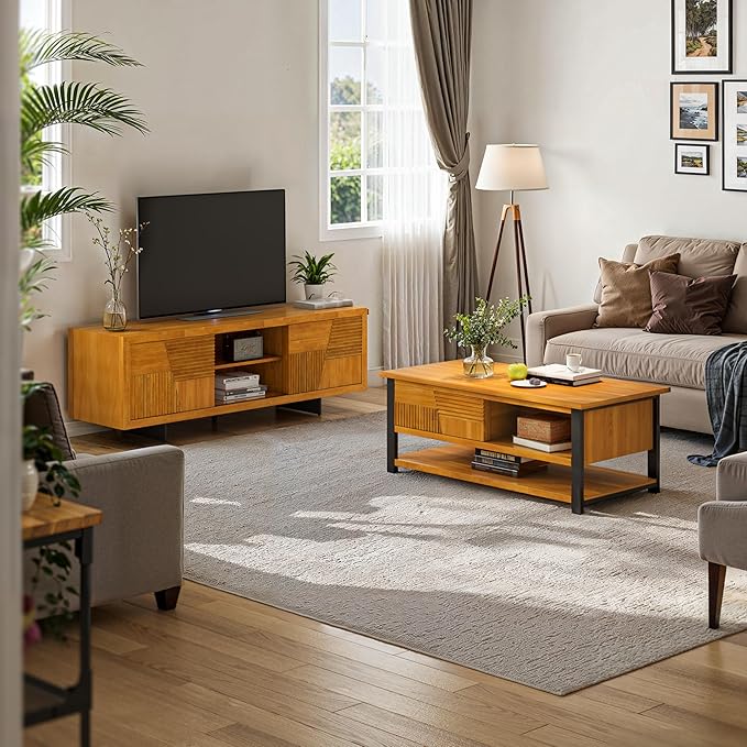 Bme Trapeze Coffee Table for Living Room – Modern Wooden Center Table with Storage, Metal Legs, Large Teak Brown Coffee Table for Stylish Living Room Furniture Setup
