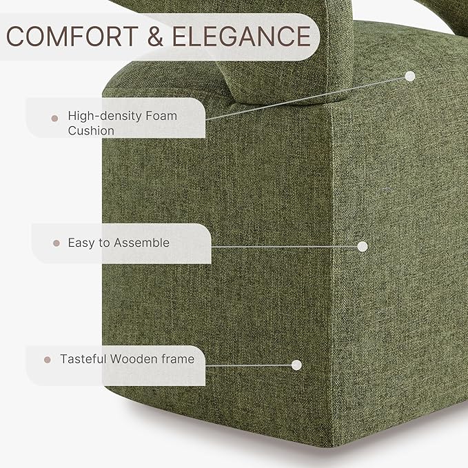 Upholstered Dining Chairs with Removable Casters Barrel Side Armchair with Rollers for Diningroom Bedroom Livingroom Reading Room, Green, 1PCS