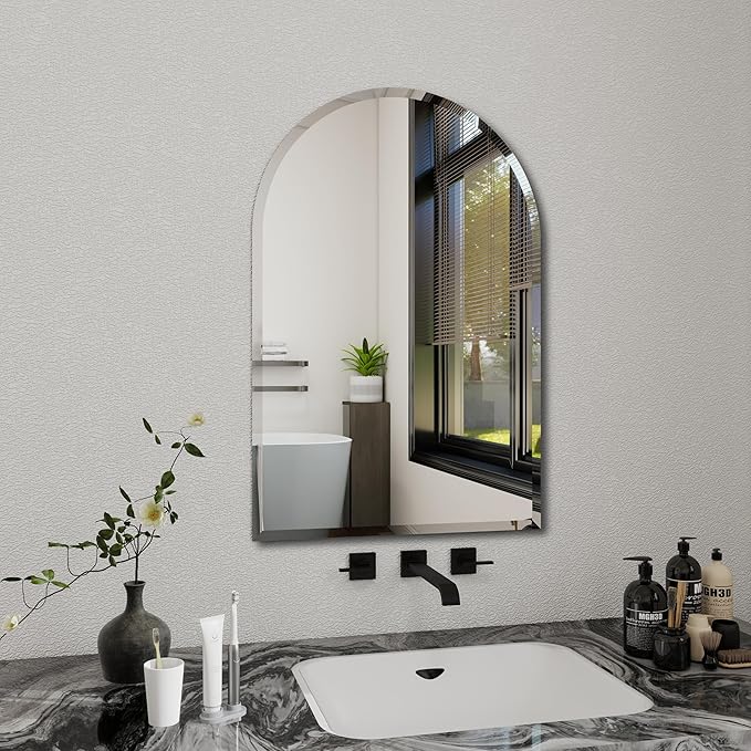 Arched Bathroom Mirror, 28X40 inch Arched Frameless Mirror, Arch Wall Mirror，Frameless Mirrors for Bathroom,Beveled Bathroom Mirror.