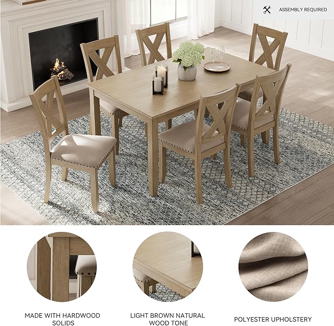 Signature Design by Ashley Sanbriar Casual Dining Table and Upholstered Chairs with Nailhead Trim, Set of 7, Light Brown & Beige