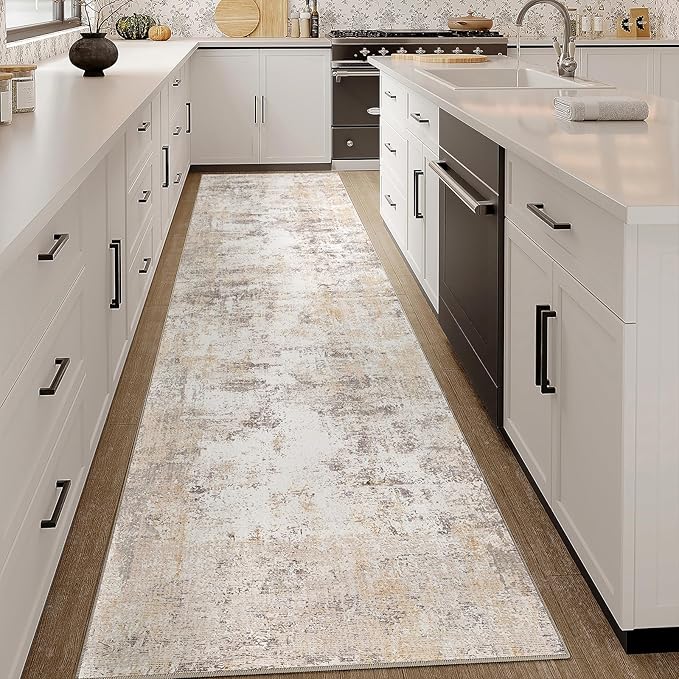2x8 Washable Runner Rug Beige Grey Neutral Abstract Hallway Kitchen Living Room Bedroom Non Slip Throw Rug Soft Low Pile Indoor Carpet for Entrance Laundry Bathroom