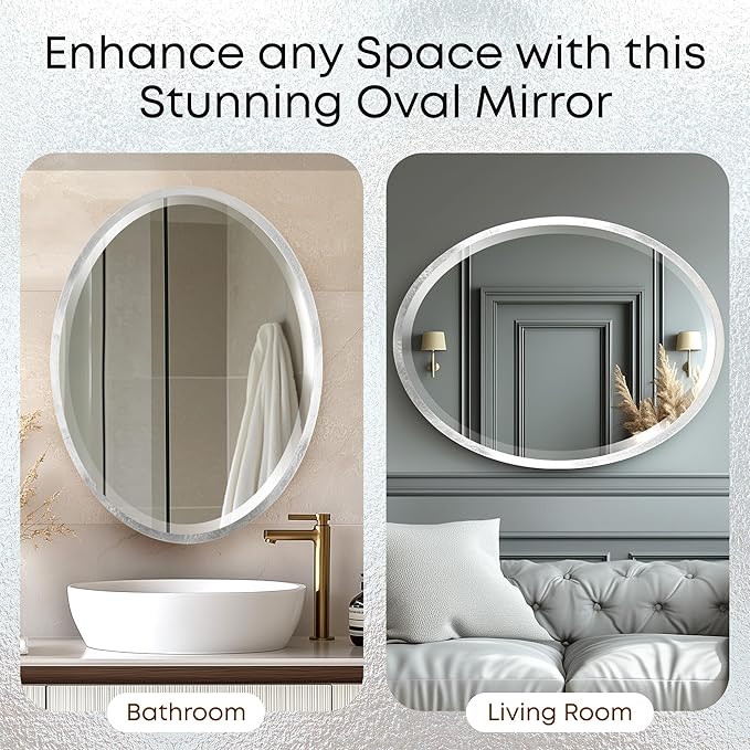 OVALCREST - Oval Wooden Beveled Wall Mirror for Home Decor, Bathroom, Vanity, Bedroom, Living Room, Hallway - London Style (Silver Leaf with Brown Antique) 21.1 x 31.1