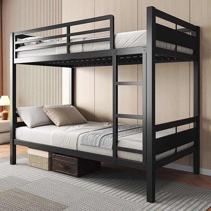 Feonase Metal Twin Over Twin Bunk Bed with Ladder and High Guardrail, Heavy-Duty Metal Slats Support, Noise Free, No Box Spring Needed, for Kids and Juniors, Black