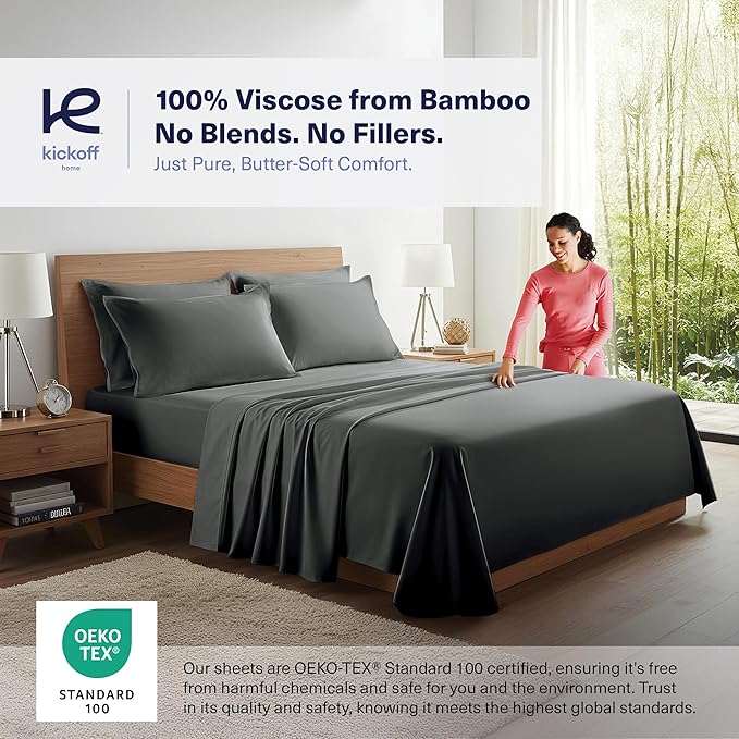 Kickoff Viscose Bamboo Sheets Twin Size 3-pc 100% Organic Bamboo Viscose Bed Cooling Sheets Twin Size Set Cool Bedding for hot Sleepers Sheet, Flat, Fitted, Pillowcase (Pewter, T)