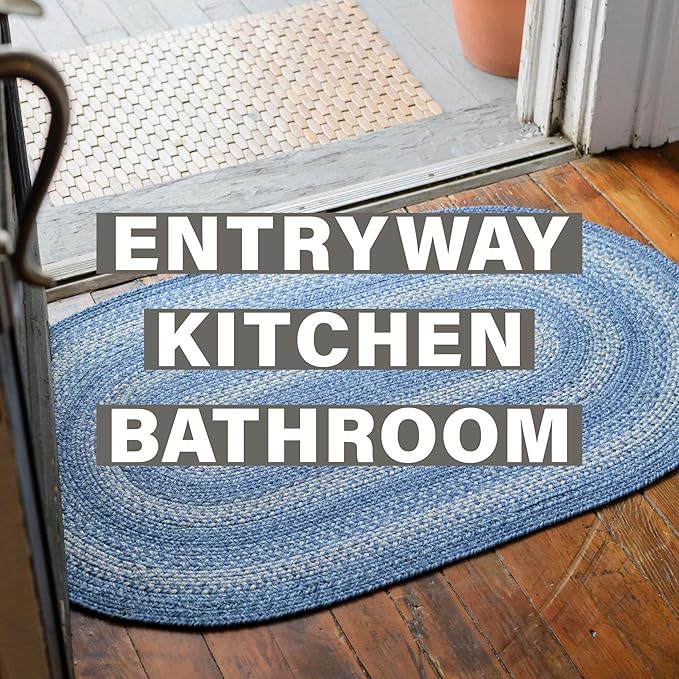 Homespice 20x30” Blue Rectangular Braided Rug. Denim Blue and White Jute Rug. Uses- Entryway, Kitchen Rugs, Bathroom Rugs. Reversible, Rustic, Country, Primitive, Farmhouse Decor Rug