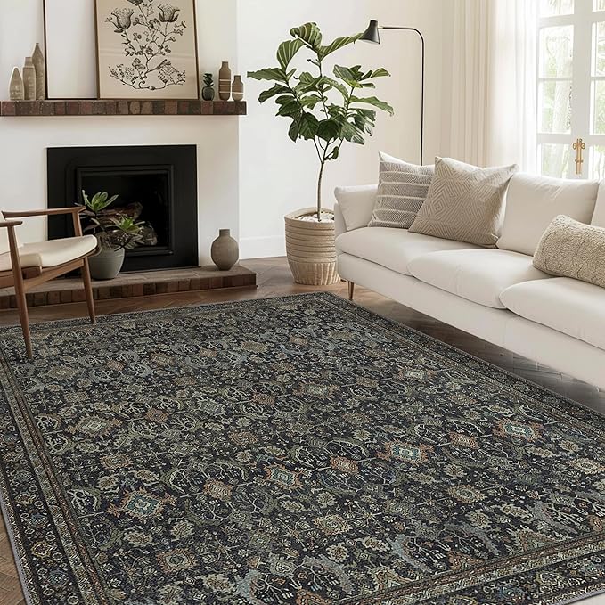 9X12 Area Rugs Machine Washable Rugs for Living Room, Vintage Boho Large Rugs for Bedroom Dining Room, Non Slip Indoor Soft Distressed Lightweight Thin Low Pile Carpet, Black