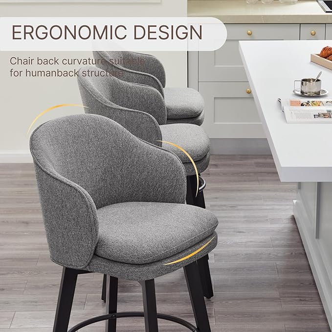 Counter Height Barstools 26 inch Upholstered Swivel Bar Stools with Back and Wood Legs for Kitchen Island,Set of 4,Dark Grey Fabric