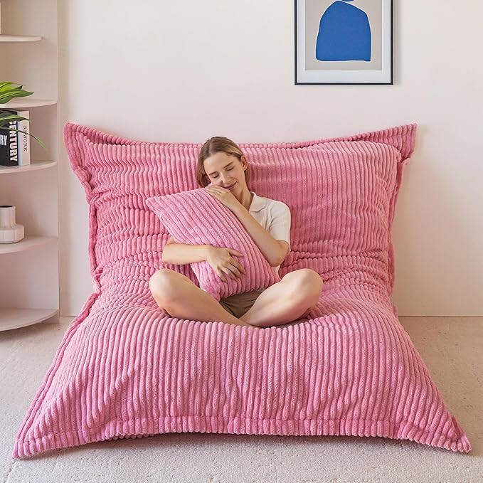 MAXYOYO Giant Bean Bag Chair with Pillow, 3 in 1 Convertible Bean Bag Chair for Adults with Washable Cover, Removable Floor Cushion Stuffed Floor Lounger for Living Room Bedroom, Pink, Full