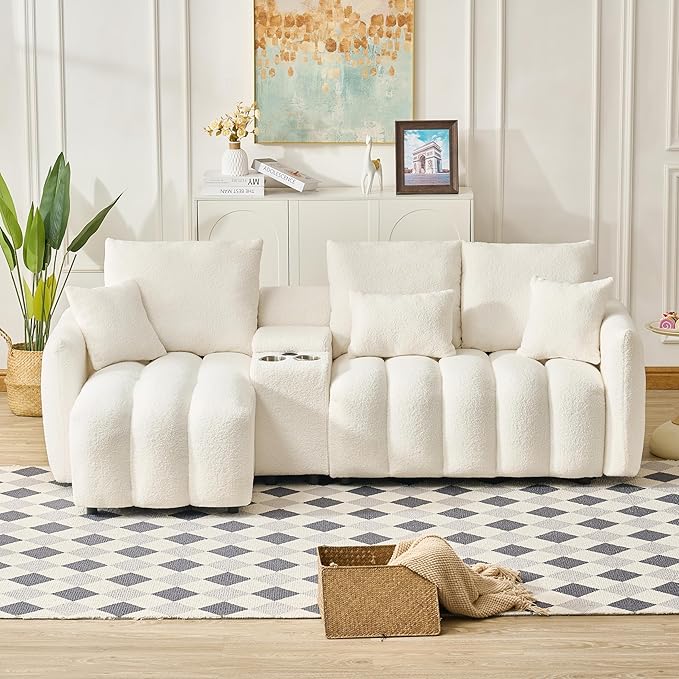 92-Inch Teddy Boucle Tufted Sofa Couch with Storage Console and Chaise Lounge, L-Shaped Left Facing Corner Sectional Sofa Couch with Cupholders, USB Ports and Golden Accent for Living Room Office