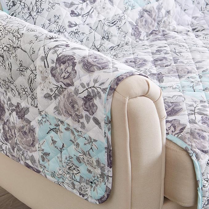Reversible Floral Patchwork Furniture Protector Scalloped Edge Stain Resistant Printed Furniture Protector Maribel Collection (Loveseat, Gray/Aqua)