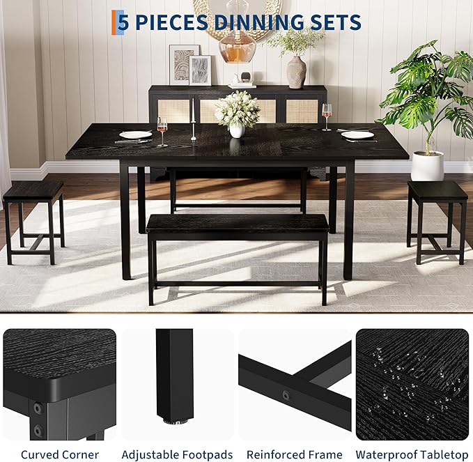 GarveeHome 5-Piece Dining Table Set for 4-8 People, 63" Large Extendable Kitchen Table Set with 2 Benches and 2 Square Stools, Modern Dining Room Furniture Sets, Easy Assembly, Black