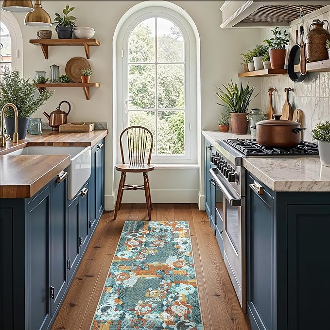 GENIMO Floral Runner Rug 2X6, Machine Washable Non Slip Vintage Patchwork Hallway Runner, Ultra-Thin Low Pile Runners for Indoor Entryway, Hallway, Kitchen and Corridor, Navy Blue