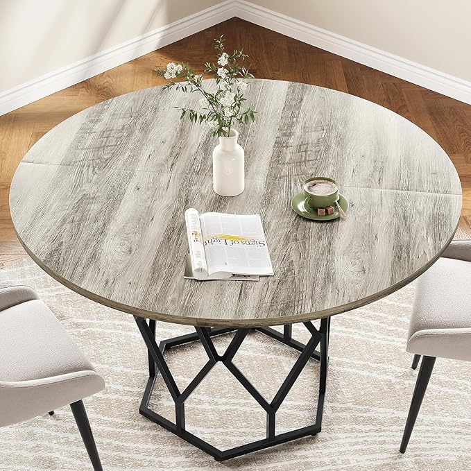GarveeHome Round Dining Table for 4-6 People, 47 Inch Farmhouse Kitchen Table, Sturdy Metal Base, Industrial Wood Dinning Room Table for Kitchen, Grey