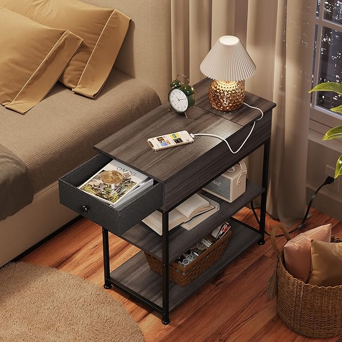 WLIVE Small Side Tables Living Room with Charging Station, Narrow End Table for Bedroom, Home Office, Small Spaces, Grey Couch Side Table with Storage, USB Ports and Outlets
