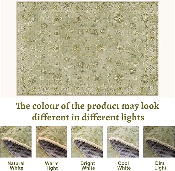 Tangsoo 3x5 Area Rug Floral Rug for Bedroom, Washable Vintage Rugs Indoor, Non Slip Accent, Print Distressed Flaxen Green Carpet, Soft Low Pile for Living Room Dorm Bedroom Bedside Entryway