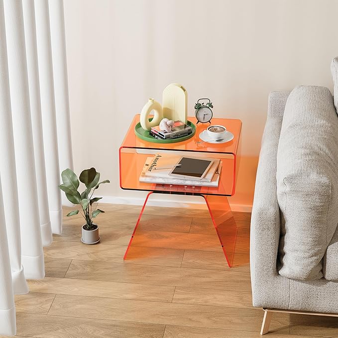 Acrylic Side Table with Easy Assembly Mini Modern End Table/Nightstand for Bedroom, Living Room, or Bathroom Compact Design Orange